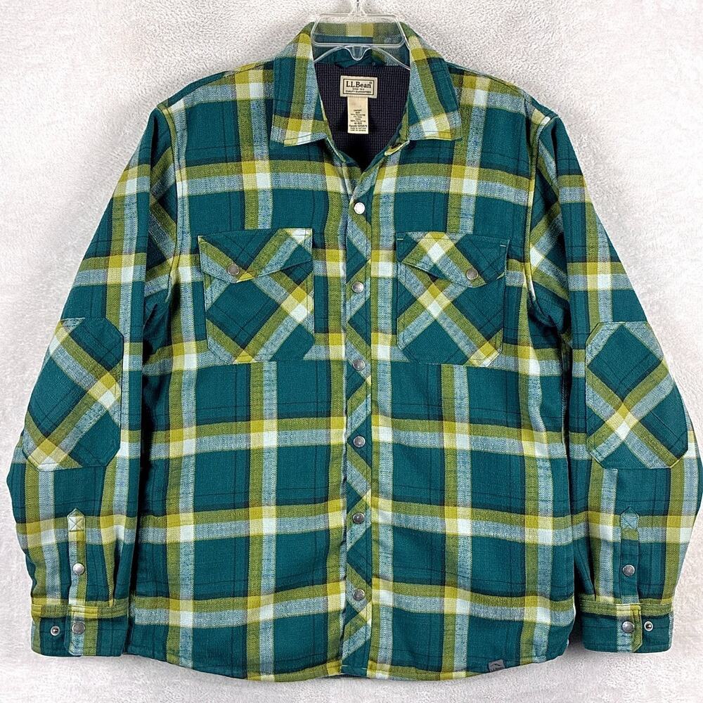LL Bean Shirt Mens M Green Plaid Wool Blend Flannel Lined Outdoor Lumberjack